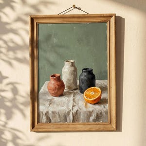 Impressão de cerâmica em estilo natureza morta, arte de parede para cozinha em verde sálvia e laranja terracota (download digital)