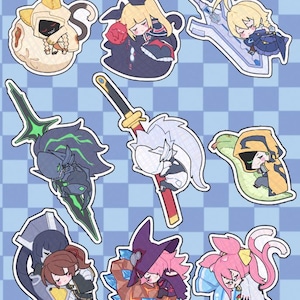 May include: A collection of nine anime-style character stickers. Each sticker features a different character in various poses, with a range of colors including black, white, pink, and blue. The stickers are set against a light blue and white checkered background.