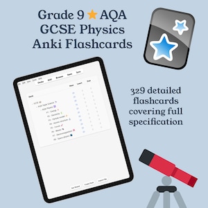 Könnte beinhalten: Grade 9 AQA GCSE Physik Anki-Lernkarten mit 329 detaillierten Karten, die den gesamten Lehrplan abdecken. Das Bild zeigt einen Tablet-Bildschirm mit einer Liste von Physikthemen wie Energie, Elektrizität, Teilchenmodell, Atomstruktur, Kräfte, Wellen, Elektromagnetismus und Weltraumphysik, ergänzt durch ein Teleskop- und ein Sternsymbol.