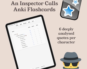 May include: Digital Anki flashcards for Grade 9 GCSE An Inspector Calls study. The screen displays a deck list with character names including Eric Birling, Gerald Croft, and the Inspector. Includes a graphic of a detective in a trench coat and hat.