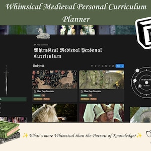 Puede incluir: Una interfaz de planificador de currículo digital con el título Whimsical Medieval Personal Curriculum, un icono de espada, un widget de reloj y plantillas de página de clase con imágenes medievales. Incluye dos libros y unas gafas.