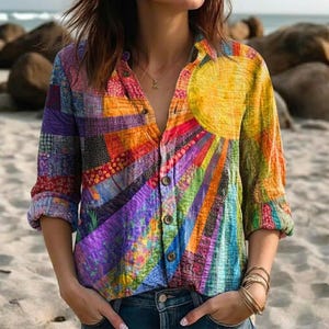 May include: A colorful button-down shirt with a patchwork design. The shirt features a large sun graphic with radiating rays in shades of yellow, orange, red, green, and purple. The sleeves are rolled up, and the shirt is paired with blue jeans.