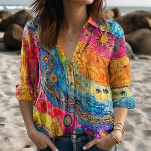May include: A button-down shirt with a vibrant, colorful design. The shirt features a V-neck and long sleeves, with a pattern of swirling blues, yellows, oranges, and pinks. The shirt is worn with blue jeans and gold bracelets.
