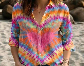 Colorful Tie Dye Blouse Shirt for Women, Boho Psychedelic Button Down Blouse, Hippie Summer Top, Vibrant Watercolor Shirt, Gift for Her
