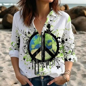 Earth Peace Sign Button Down Shirt for Women, Artistic Splatter Paint Linen Blouse, Hippie World Map Top, Eco Friendly Vibe Summer Apparel