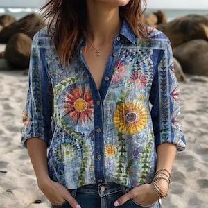 May include: A button-down shirt with a vibrant floral pattern in shades of red, yellow, and blue. The shirt has a denim collar and cuffs, and is worn with blue jeans. The overall design is artistic and eye-catching.