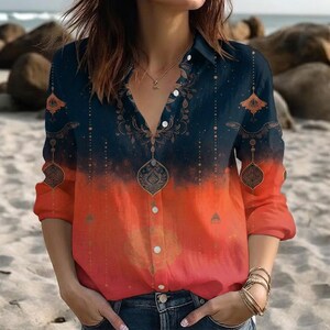 Vintage Ombre Gradient Shirt for Women, Ornate Mandala Gold Print Blouse, Boho Navy Red Button Up Top, Casual Loose Fit Long Sleeve Tunic