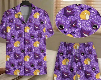 Camisa hawaiana de Gengar, camisa tropical abotonada, pantalones cortos morados de Psyduck para la playa, atuendo divertido unisex para vacaciones, regalos de camisetas de Gengar