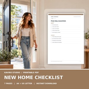 May include: A printable PDF new home checklist by Kaviro Studio. The document features sections for safety and comfort, including tasks like testing smoke alarms and checking heating. The layout is clean with a brown header and white background.