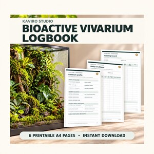 May include: A Bioactive Vivarium Logbook by Kaviro Studio featuring six printable A4 pages. The logbook includes sections for enclosure profile, daily conditions, and feeding records, displayed alongside a glass terrarium with green plants.