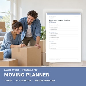 Op de afbeelding: Een printbaar verhuisplanner-document getiteld Eight-week moving timeline met selectievakjes voor taken georganiseerd per week voor de verhuizing. Het document heeft een overzichtelijke lay-out met blauwe koppen en tekst als PDF-bestand.