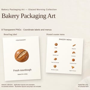Può includere: Collezione di grafica per packaging da panificio con 8 file PNG trasparenti. Include un'etichetta per sacchetto del pane con illustrazione di lievito madre e un menu da banco stampato con vari prodotti da forno.