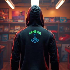 Peut inclure: Une personne portant un sweat à capuche noir avec les mots "GAME ON" et un graphique de joystick bleu néon dans le dos, debout dans une arcade rétro. L'arcade présente des rangées de bornes d'arcade classiques et des étagères de cartouches de jeux.