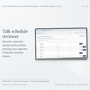 Peut inclure: Une interface numérique intitulée Talk schedule reviewer affichée sur un écran. La mise en page présente des données de révision d'affectation, des lignes pour des sessions comme Opening et Workshop, et des boutons pour inclure ou exclure des éléments. Le texte inclut Talk schedule selection reviewer, Offline digital tool et Fictional example shown.