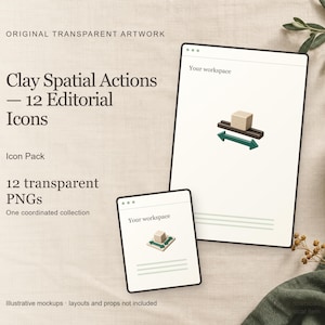以下が含まれることがあります： Clay Spatial Actions — 12 Editorial Icons、Icon Pack、12 transparent PNGs、One coordinated collectionというテキストが表示されたデジタル製品のディスプレイ。2つのタブレット画面には、緑色の方向矢印が付いた3Dキューブアイコンが表示されています。
