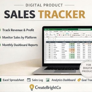May include: A laptop displaying a spreadsheet titled "SALES TRACKER" with data tables. The image includes text: "Track Revenue & Profit," "Monitor Sales by Platform," and "Monthly Dashboard Reports." Additional text: "Excel Spreadsheet," "Sales Log," and "Goal Tracker."
