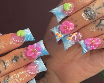 Blaue Entennägel | Tropische Blume Presse auf den Nägeln | 3D Hibiskus Flare Nägel | Pastell Sommer Ente Nägel | Handgefertigte Statement Nägel