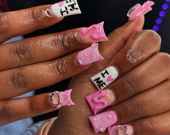 Ich liebe mich Entennägel | Drücken Sie auf die Nägel | Selbstliebe Statement Nägel | Y2K Flare Nägel | Niedliche Glänzende Rosa Nägel