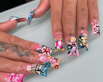 Entenform Drücken Sie auf die Nägel | Graffiti Pop Art Nägel | Y2K Street Style Nägel | Bunte Cartoon Nägel | Enten Füße Statement Nägel Handmade