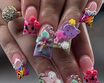 Kawaii Entennägel | Hallo Kitty Drücken Sie auf die Nägel | 3D-Charakter Flare Nails | Pastell Charm Ente Nägel | Süße Handgefertigte Statement Nägel