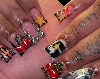 Kirsch Ente Nägel | Leopard Print Drücken Sie auf die Nägel | Y2K Entennägel | Sterne Cowgirl Nägel | Handgefertigte Statement Nägel | Flare Nägel