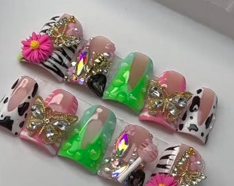 3D Schmetterling Entennägel | Y2K Flare Drücken Sie auf die Nägel | Grün rosa Baddie Nägel | Kuh Druck Zebra Nägel | Strass Statement Nägel