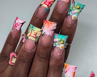 Pastell Entennägel | Kawaii Y2K Drücken Sie auf die Nägel | Candy Charm Flare Nägel | Rosa Blaue Airbrush-Nägel | Süße Statement Nägel