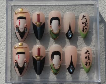 Agust D inspiriert Daechwita Drücken Sie auf die Nägel | Traditionelles koreanisches Krieger Nagel Set | Schwert & Hanbok Details | K-Pop inspirierte handgemachte Nägel