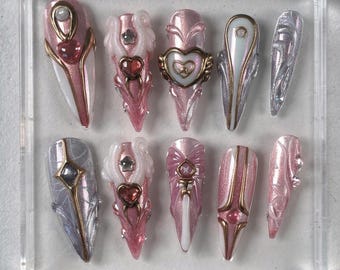 Valorant Evori Dreamwings Drücken Sie auf die Nägel | Pinke Fantasy Gaming Nägel | Magische Herz Stiletto Nägel | Handgefertigtes Gamer Girl Set