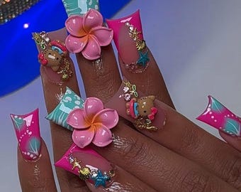 Tropische Entennägel | Kawaii Strand drücken auf die Nägel | 3D Blumen Flare Nägel | Rosa Blaue Sommer Nägel | Süße Handgefertigte Statement Nägel