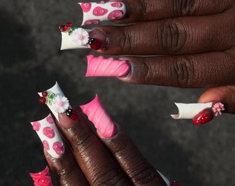 Erdbeer Ente Nägel | Kawaii Frucht Drücken Auf den Nägeln | Rosa weiße Flare Nägel | 3D Daisy Marienkäfer Nägel | Süße Handgefertigte Statement Nägel