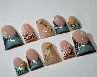 Tropische Früchte Entennägel | 3D Flare Drücken Sie auf die Nägel | Erdbeer Orange Drachenfrucht Nägel | Sommer Y2K Bright Nails | Handgefertigtes Statement