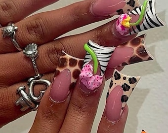 Safari Entennägel | Kirsche Drücken Sie auf die Nägel | Tierdruck-Flare-Nägel | Zebra Leopard Tiger Nägel | Handgefertigte Statement Nägel