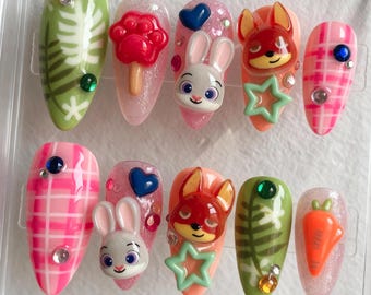 Zootopia Drücken Sie auf die Nägel | Judy & Nick 3D Nagelkunst | Niedliche Tier Cartoon Nägel | Pastell Kawaii Handgemachte Nägel