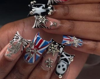 UK Flagge Entennägel | Punk Y2K Drücken Sie auf die Nägel | Union Jack Flare Nägel | Zebra Goth Nägel | Kreuz Charm Nails