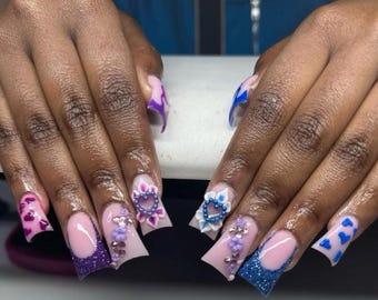 Pastell Herz Ente Nägel | Lila Blau Glitter Drücken Sie auf die Nägel | 3D Blumen Nägel | Y2K Niedliche Flare Nägel | Niedliche Statement Nägel