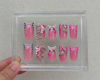Hello Kitty Enten Nägel | Kawaii 3D drücken auf die Nägel | Rosa Flare Nägel | Niedliche Cartoon Nägel | Y2K Kitty Statement Nägel | Handgefertigtes Set