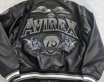 Avirex 75 Schwarze Bomber Lederjacke Aviator Bestickte Fliegerjacke Echte Rindslederjacke Sammlerstück Streetwear Outwear