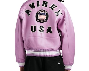 Purple Avirex USA Icon Leather Bomber Jacket Genuine Cowhide Leather Jacket Vintage Style Streetwear Handmade Biker Jacket Gift for Him/Her