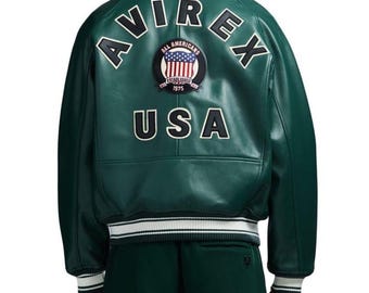 AVIREX USA Edition Icon Jacket In Green Color Men's Military Bomber Jacket Original Leather Biker Jacket For Him Christmas Gift For Him