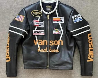 Vanson Leder Motorradjacke Echtes Rindsleder Biker Racing Jacke Herren Schwarz Leder Motorradjacke Streetwear Geschenk für Fahrer