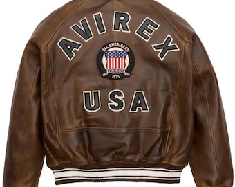 Chaqueta bomber de cuero marrón Avirex USA, chaqueta de vuelo de piel de vaca auténtica, chaqueta bordada estilo vintage, abrigo de calle para hombre, regalo para él