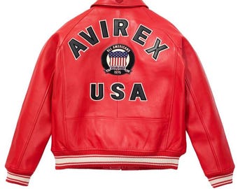 Red Avirex USA Iconic Leather Bomber Jacket Unisex Genuine Cowhide Leather Handmade Motorcycle Jacket Streetwear Fashion Gift for Him/Her