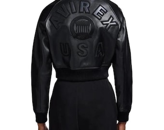 Avirex Cropped Icon Black Leather Jacket Women’s Bomber Jacket Genuine Cowhide Varsity Style Streetwear Fashion Jacket Best Gift for Her