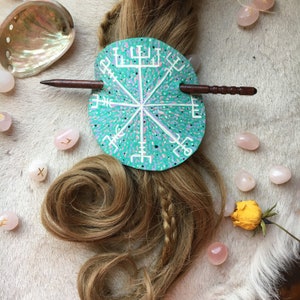 Vegvísir Icelandic Magic Viking Stave | Handmade Painted Leather Hair Barrette