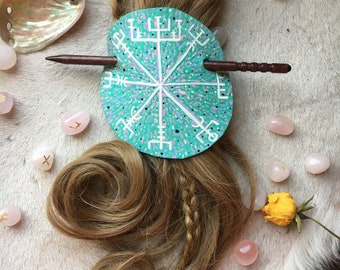 Vegvísir Icelandic Magic Viking Stave | Handmade Painted Leather Hair Barrette