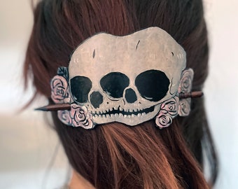 Conjoined Twin Skulls with Roses | Handmade Painted Leather Hair Barrette