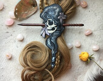 Gibson Girl Skull and Lily | Handmade Painted Leather Hair Barrette