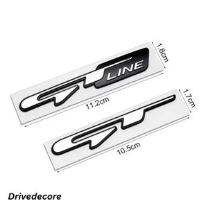 May include: Two black and white car emblems. The top emblem is 11.2 cm long and 1.8 cm wide, with the word "LINE" in white. The bottom emblem is 10.5 cm long and 1.7 cm wide. The brand name "Drivedecore" is at the bottom.