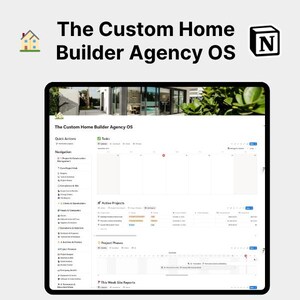 Puede incluir: Una tableta digital muestra el texto "The Custom Home Builder Agency OS" con un icono de casa y la letra "N" en un cuadrado. La pantalla muestra una interfaz de gestión de proyectos con secciones para acciones rápidas, tareas, navegación, proyectos activos, fases de proyecto e informes del sitio.